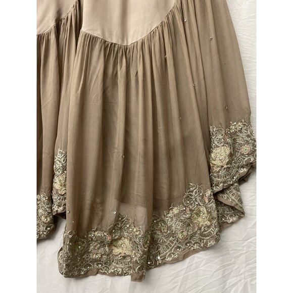 Trousers Elastic Sharara Wide Size M Boho Pants Brown Embroidered Rhinestones - Picture 2 of 9